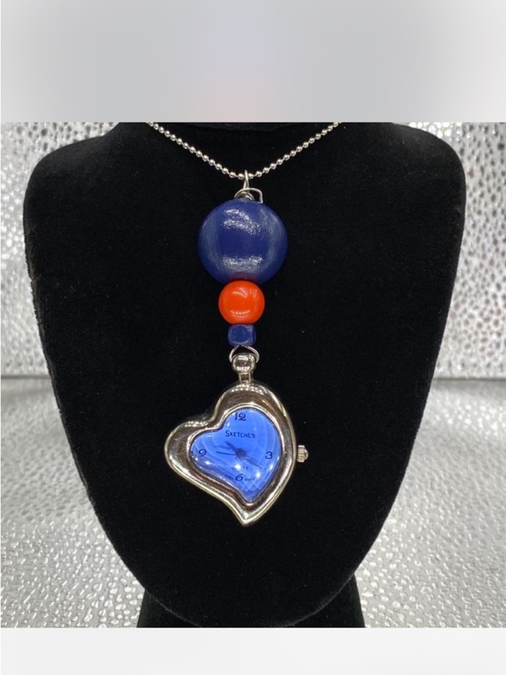 ^*^ Sketches ^^^ Blue /  Orange Heart Pendant Necklace Watch ^^^